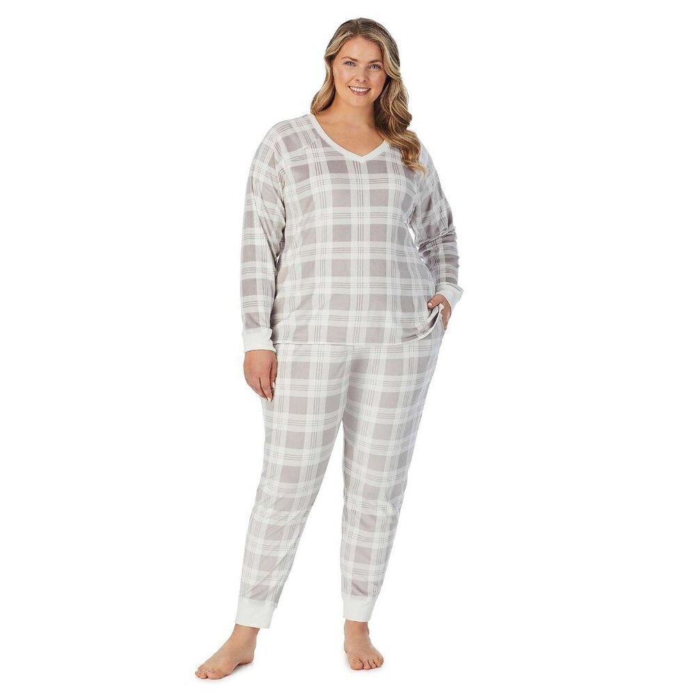 Cuddl Duds Womens Gray Plaid Velour V Neck Long Sleeve Pajama Set Plus Sz 2X New